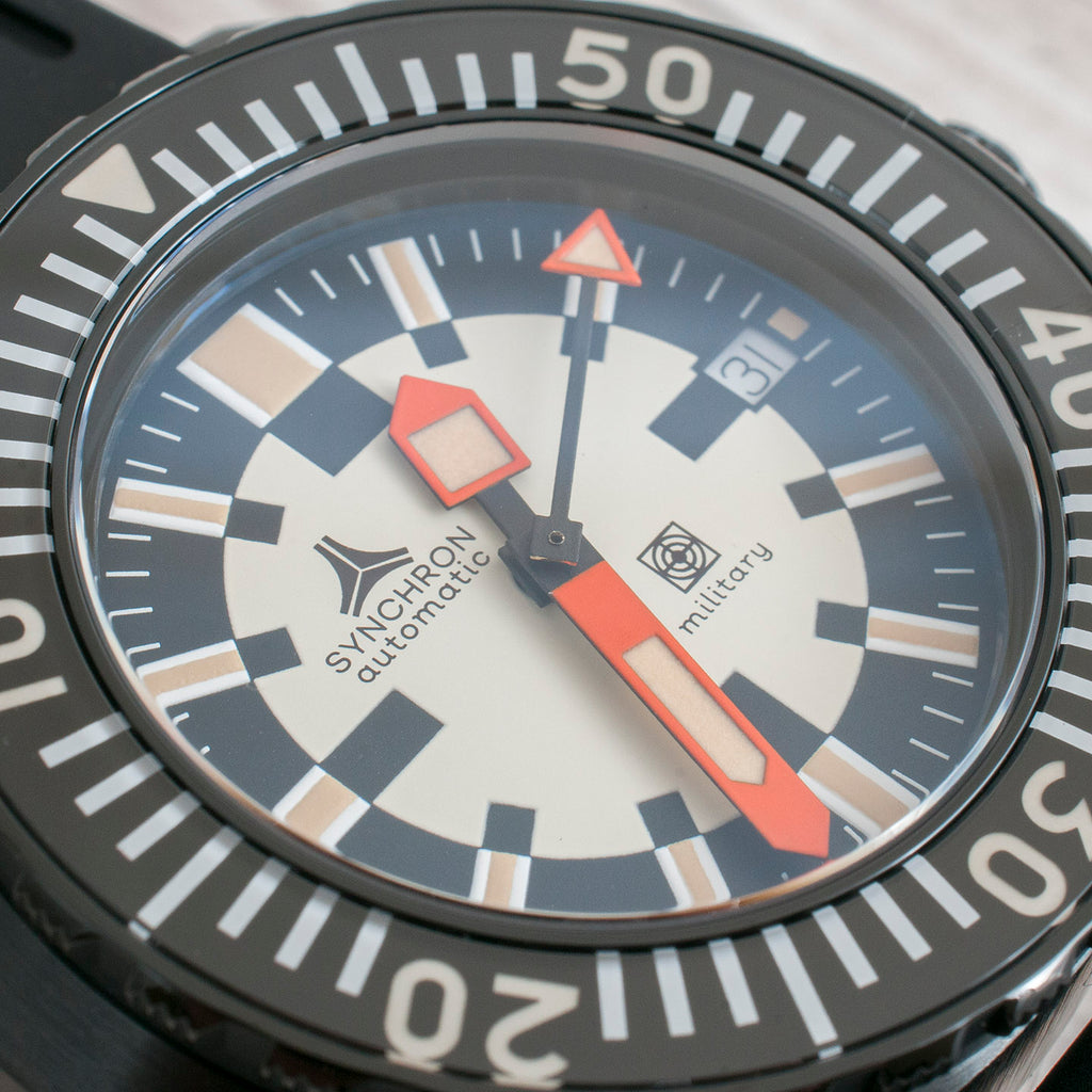 Synchron Military Watch Review Black PVD bezel dial hands