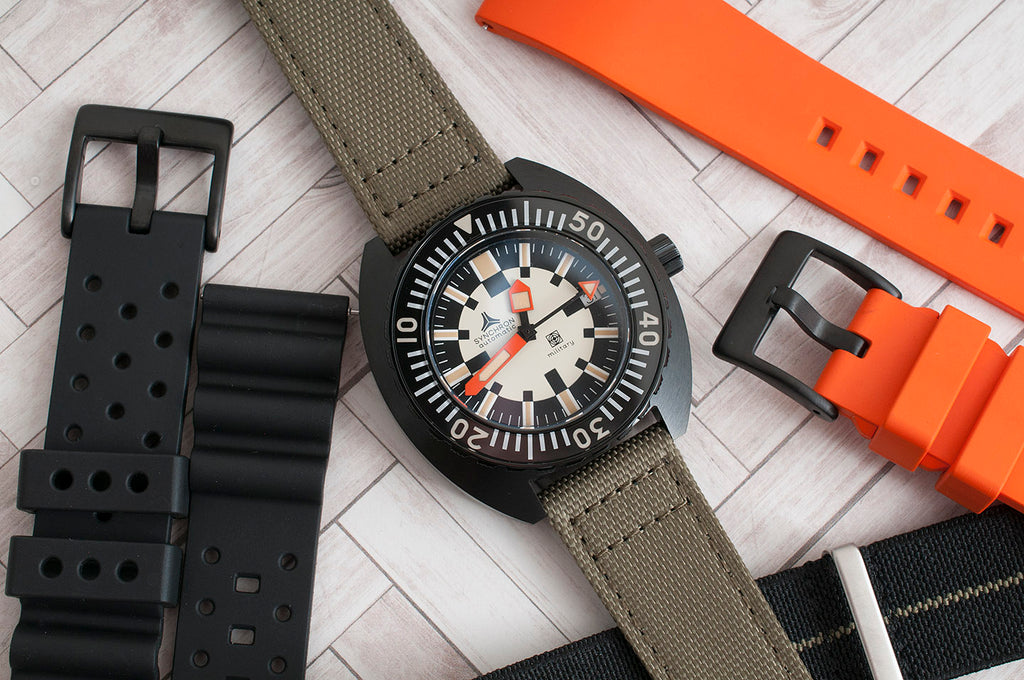 Synchron military watch review strap options orange rubber green sailcloth black rubber