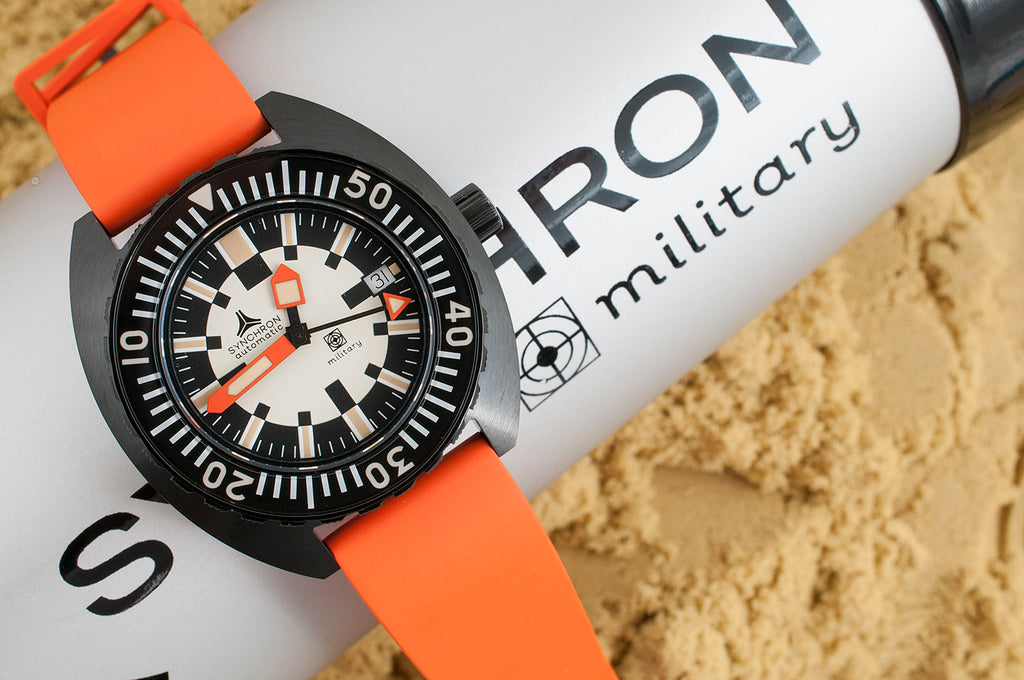 Synchron military watch review orange rubber strap doxa army