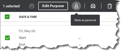 Select a trip in the Mileage table and mark it as personal, not business