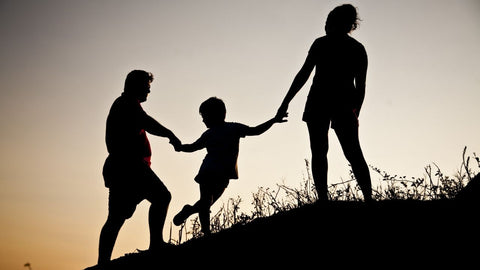 a silhouette of a family climbing up a hill