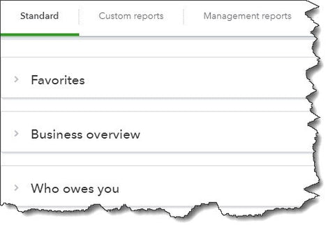 A partial view of the list of QuickBooks Online’s Standard reports