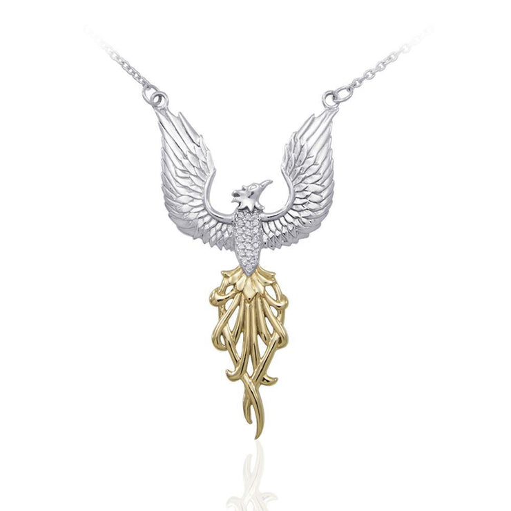Alighting breakthrough of the Mythical Phoenix ~ Silver and Gold Necklace with Gemstone Accents MNC234 Necklace