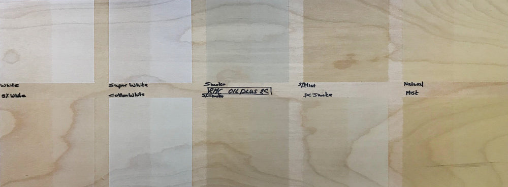 Light wood finish samples shown on birch wood.