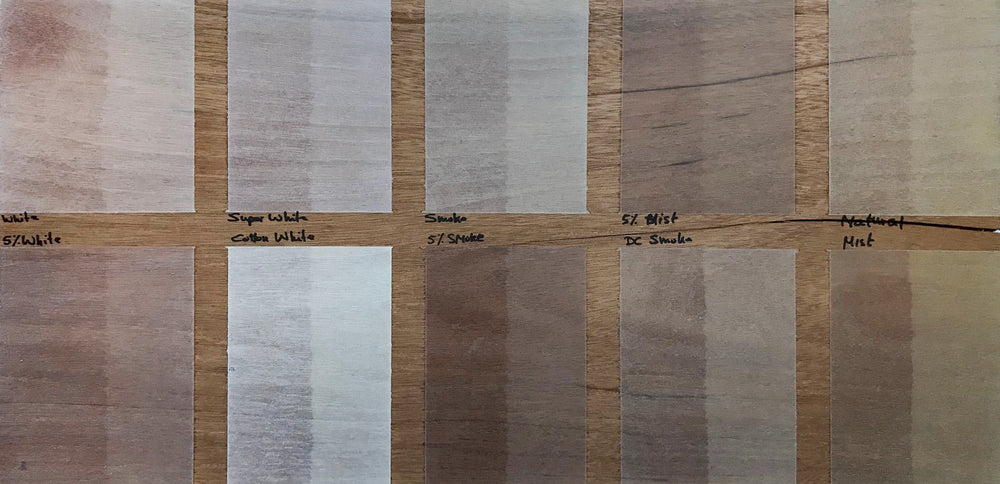 Light wood finish samples shown on mahogany wood.