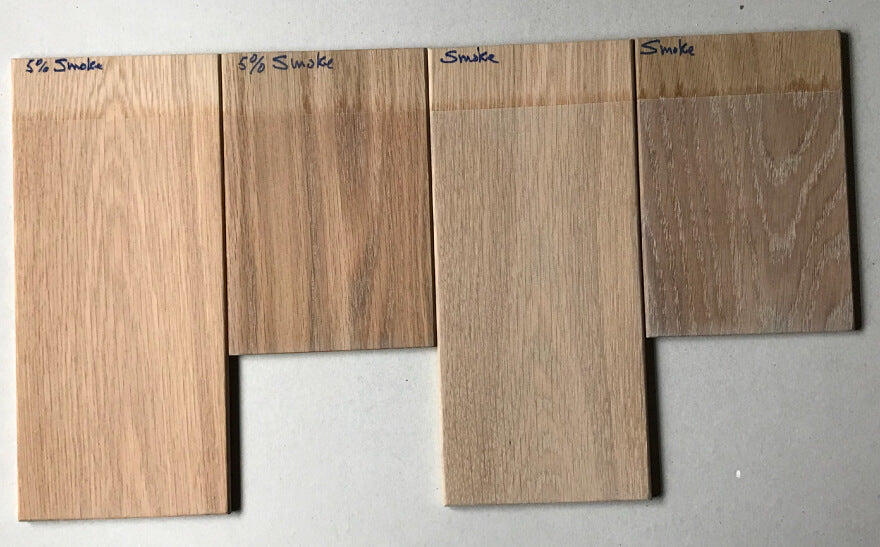 Rubio Monocoat Smoke shown on varying colours of white oak wood.