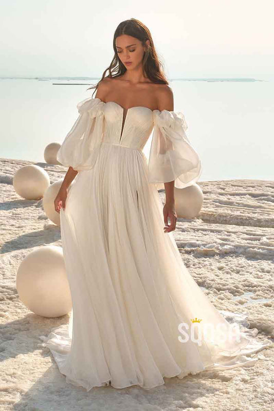 A Line Strapless Long Sleeves Satin Elegant Wedding Dress QW2425