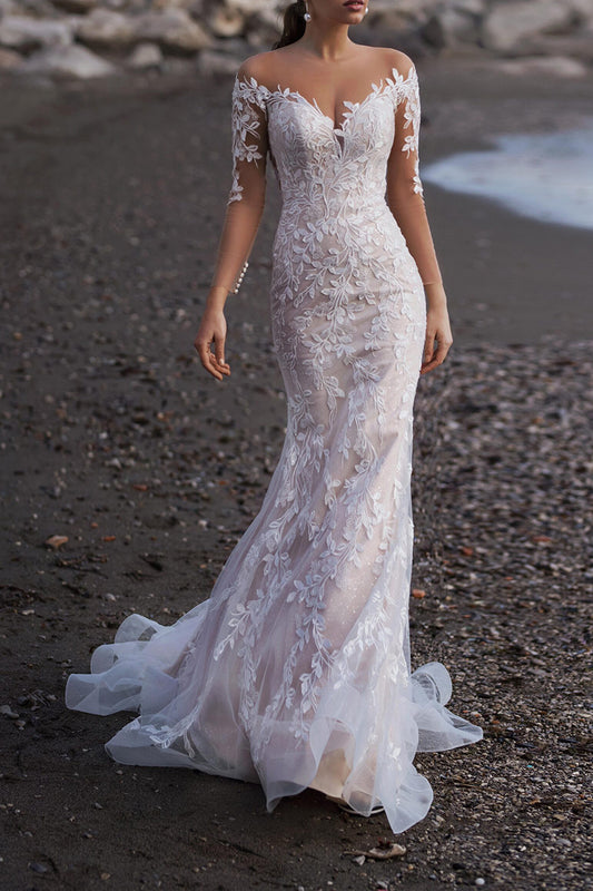 Long Sleeve Modern Lace Mermaid Wedding Dress with Long Train VW2117 –  Viniodress