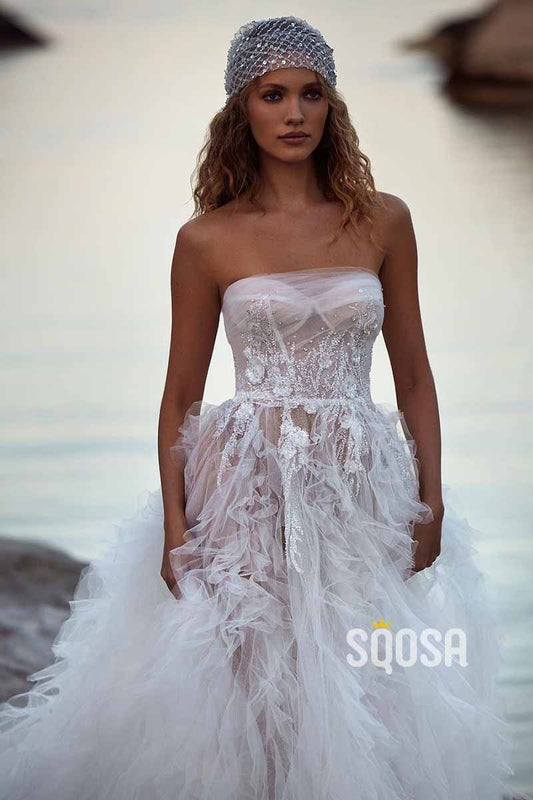 A-line Chic Strapless Ivory Simple Wedding Dress Bridal Gown QW2110 – SQOSA