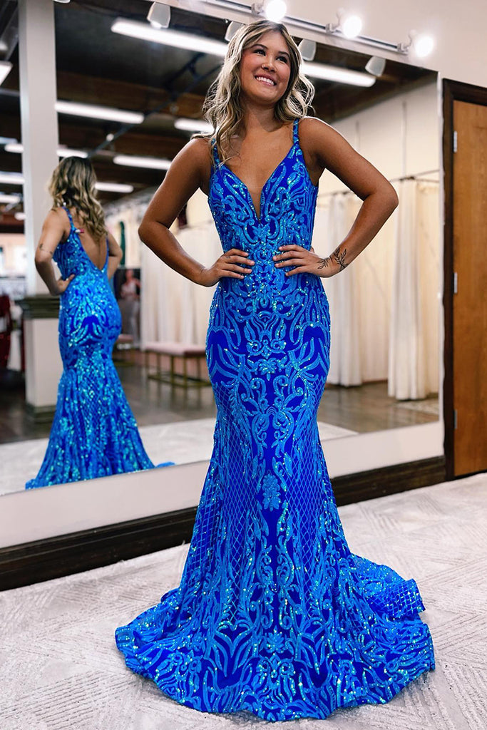 Plunging V-Neck Sequins Appliques Mermaid Prom Dress Long QP0913 – SQOSA