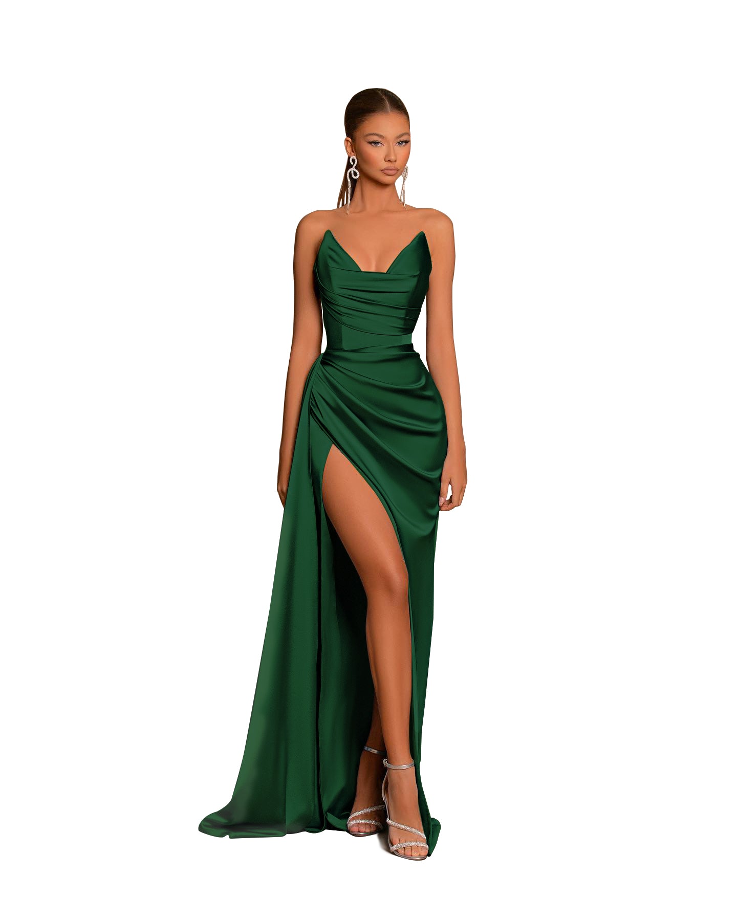 Sexy V-Neck Satin Pleated Sheath Long Prom Formal Dress with Slit QP10 ...