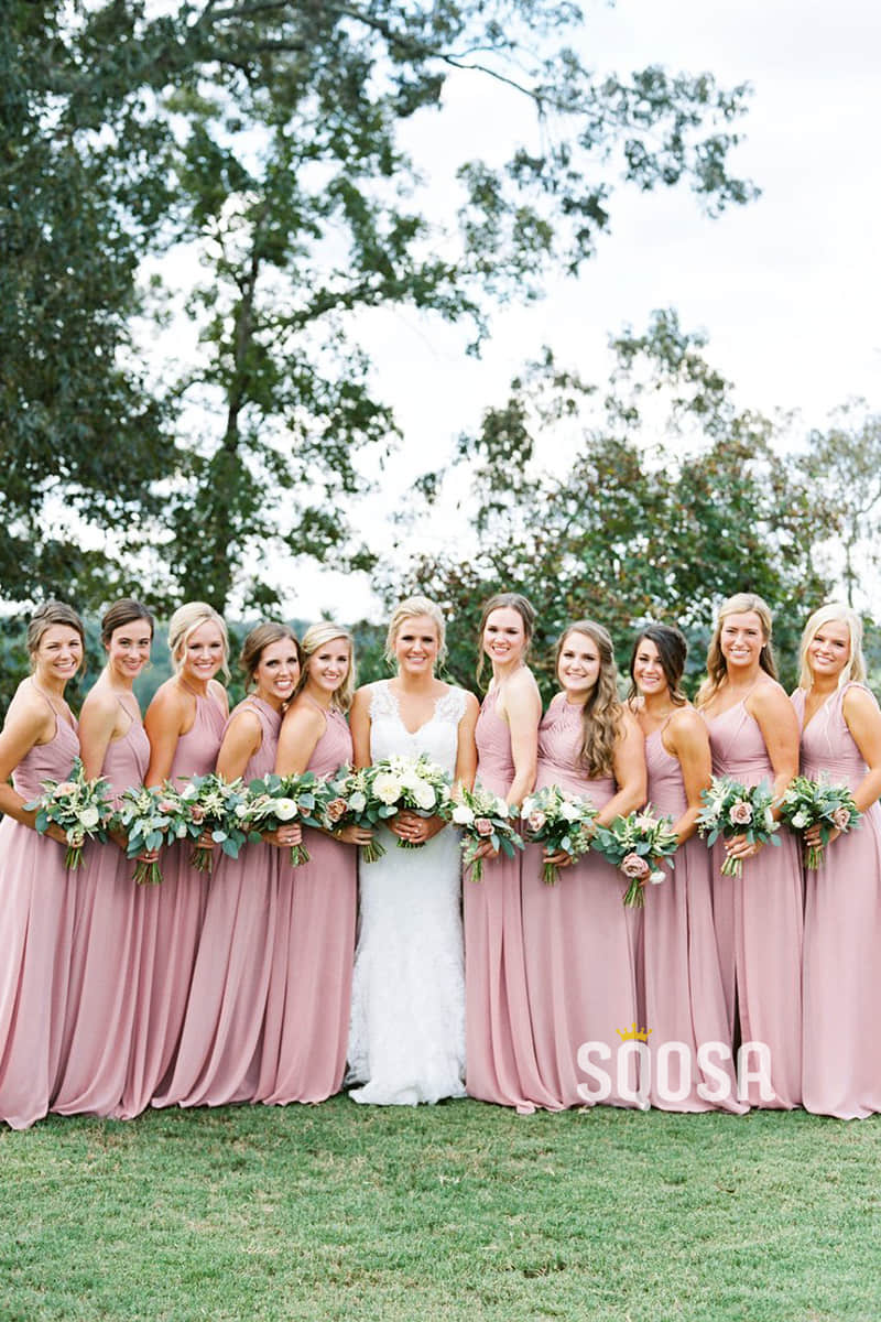 A-Line Pink Chiffon Pleat Long Bridesmaid Dress QB0830 – SQOSA