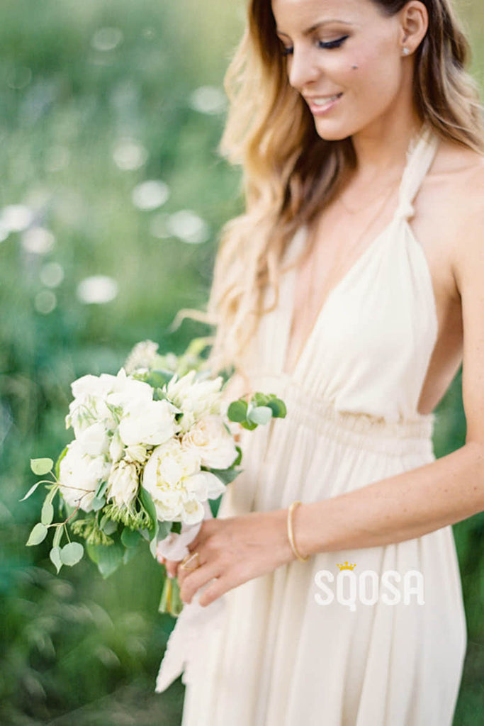 A-line Attractive V-neck Halter Long Bridesmaid Dress QB2082|SQOSA