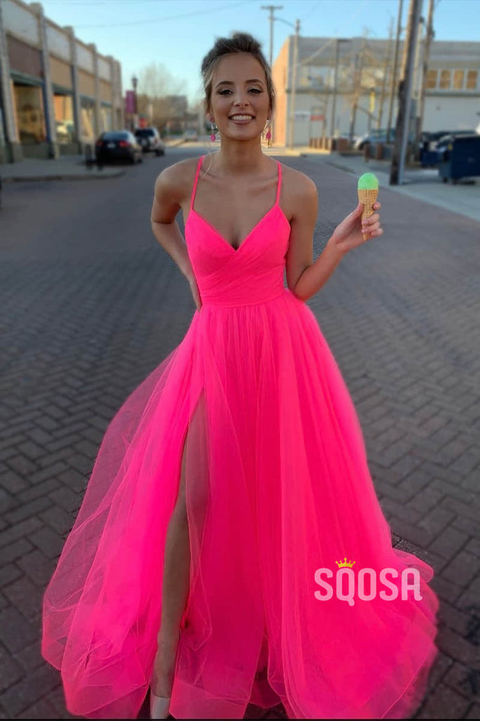 Hot Pink Tulle V Neck Pleat A Line Simple Prom Dress Long Homecoming D Sqosa 2370