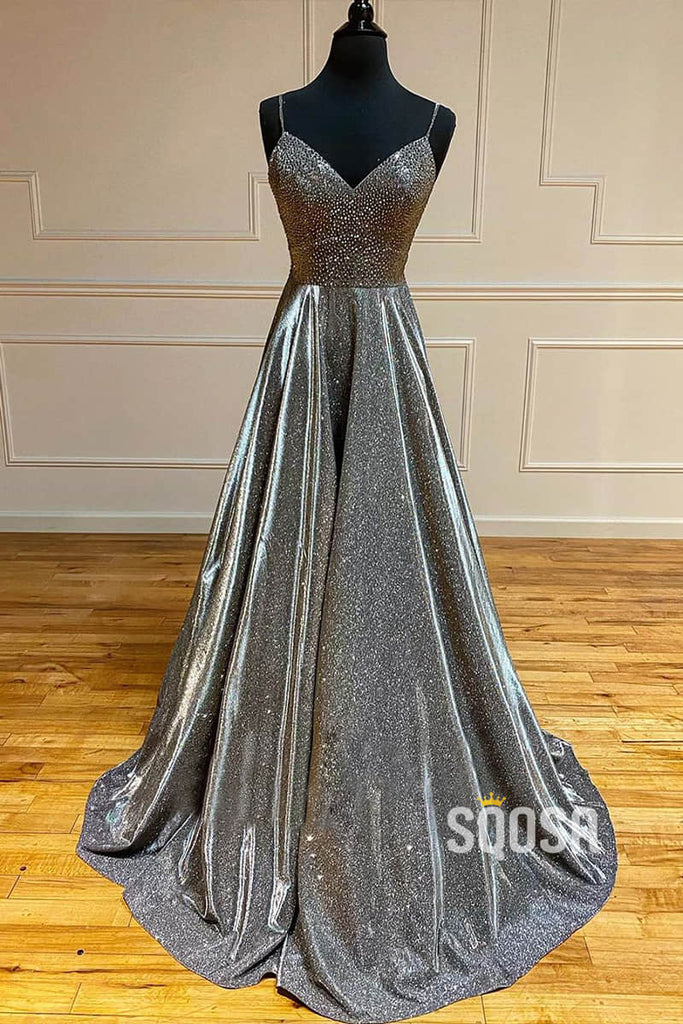 A-Line Beaded Bodice Spagheeti Straps Sparkle Prom Dress Long Formal E ...
