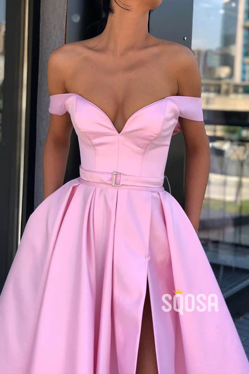 Off-the-Shoulder Pink Satin A-Line Split Long Prom Dress with Pockest ...