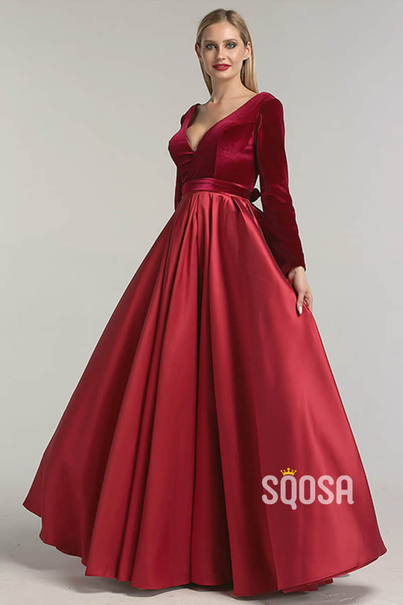 Burgundy Satin V-neck Velevt Long Sleeve A-Line Long Prom Dress with P ...