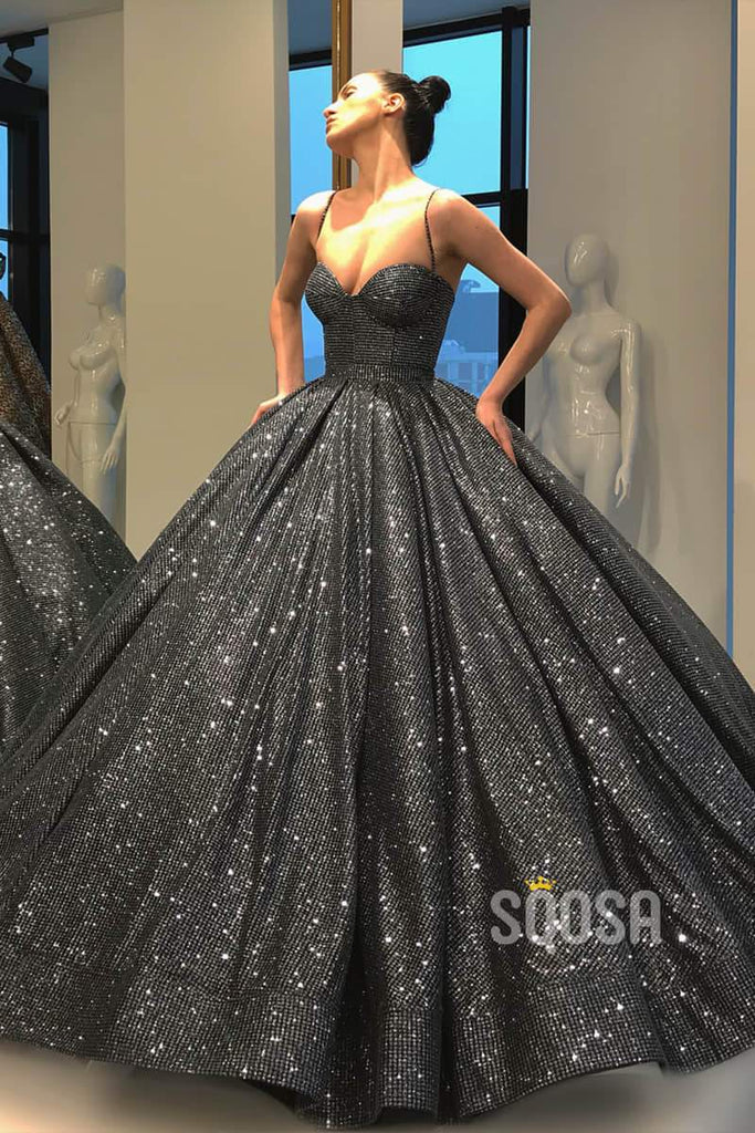 Ball Gown Sweetheart Spaghetti Straps Black Sparkle Prom Dress Formal ...
