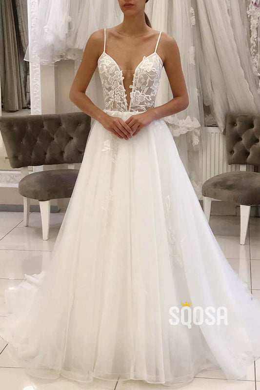 SQOSA Spaghetti Straps V-Neck Lace Appliques A-Line Tulle Rustic Wedding Dress QW2286 US14 / As Picture