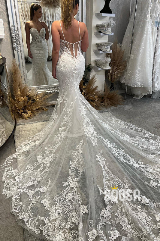 Elegant A-line V Neck Lace Long Sleeves Wedding Dresses WD588