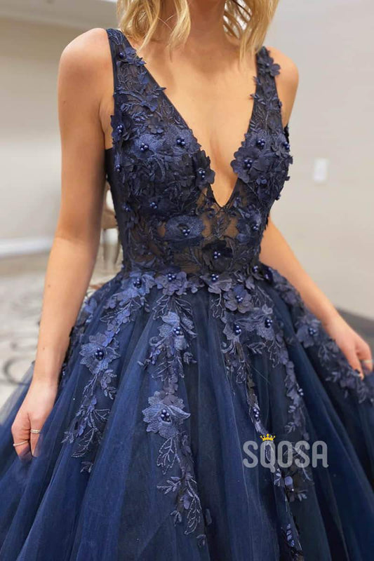 A Line Lace Appliques High Split Black Long Prom Formal Dress QP1400
