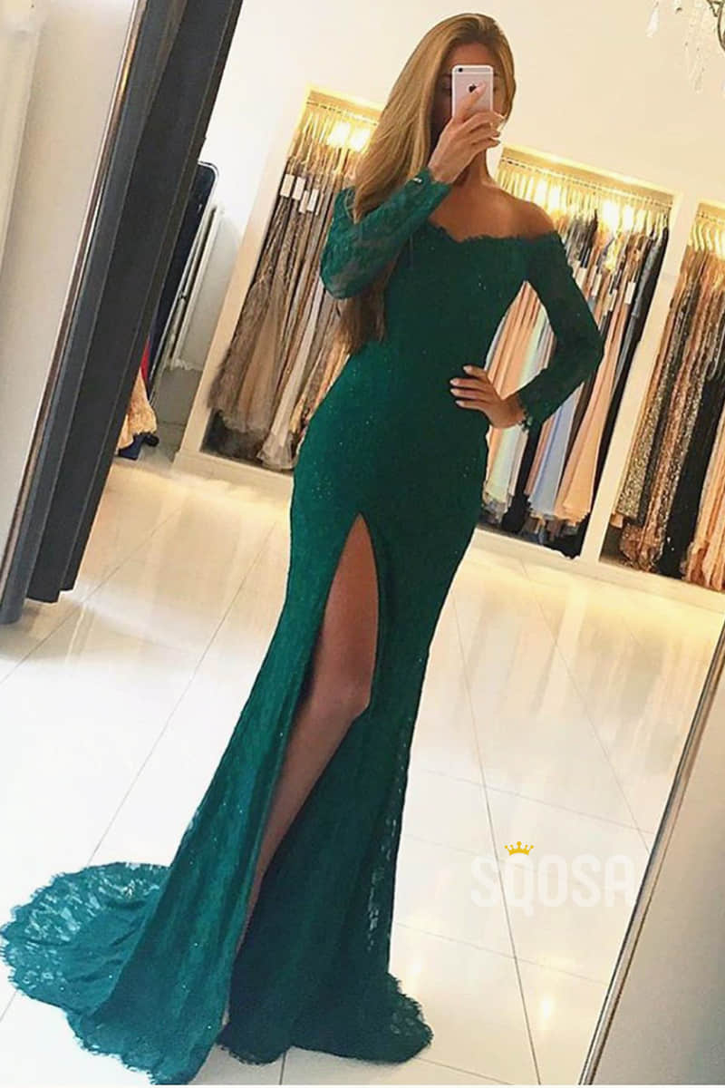 Chic Off-the-Shoulder Long Sleeves Lace High Split Long Formal Evening ...