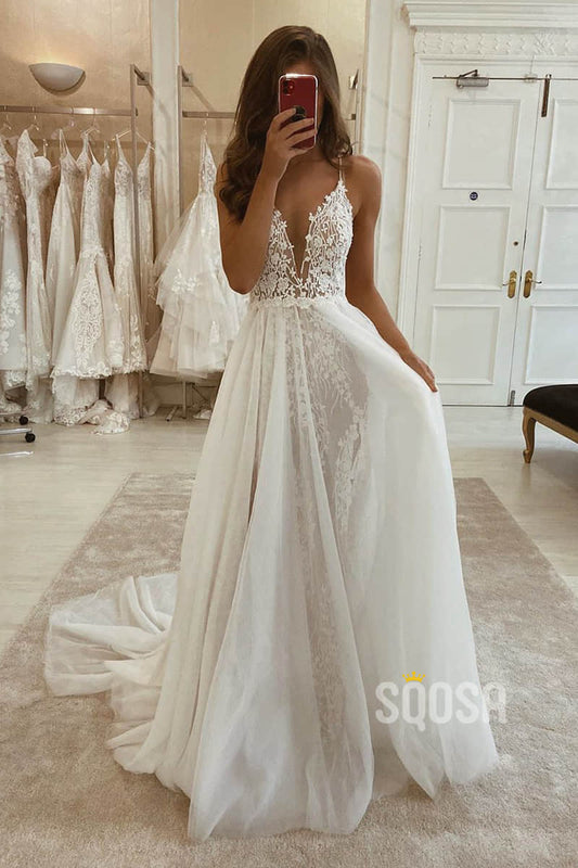 Spaghetti Straps V-Neck Lace Appliques A-line Tulle Rustic Wedding Dre –  SQOSA