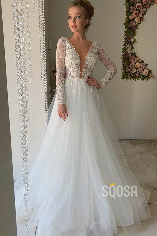 A-line Attractive V-neck Long Sleeves Rustic Wedding Dress Glitter Bridal  Gown QW2146