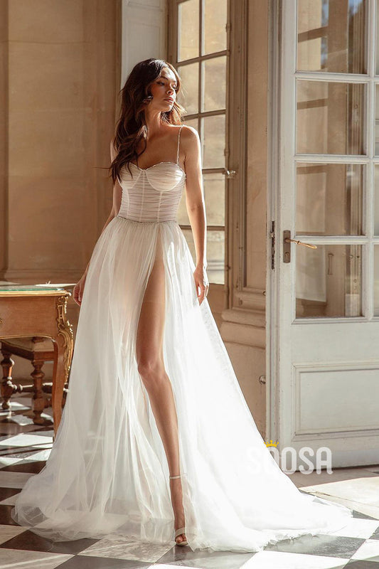 Spaghetti Straps Pleats Satin Rustic Wedding Dress Bridal Gown QW2438