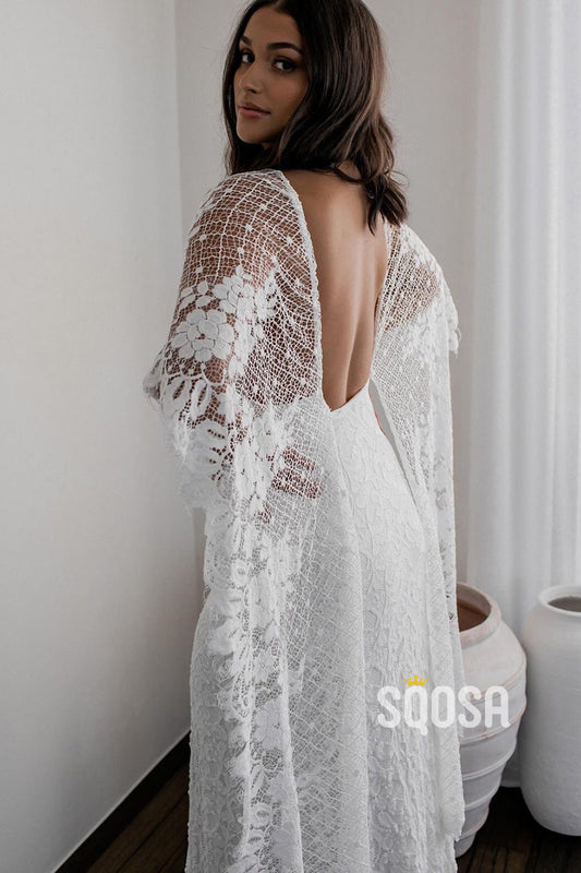 Unique Bat Sleeves Allover Lace Bohemian Wedding Dress QW2681 – SQOSA