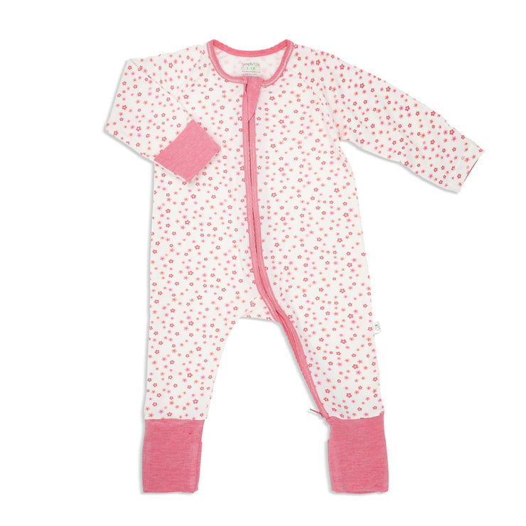 Floral - Long-sleeved Zipper Sleepsuit with Folded Mittens & Footie