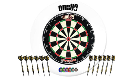 ONE80 Topscore Dartboard, Surround, 12 Brass Darts + Accessories - Darts Direct