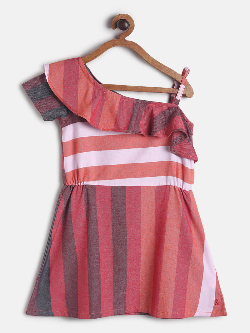 Girls Multi Color Stripe Single Shoulder Cotton Dress