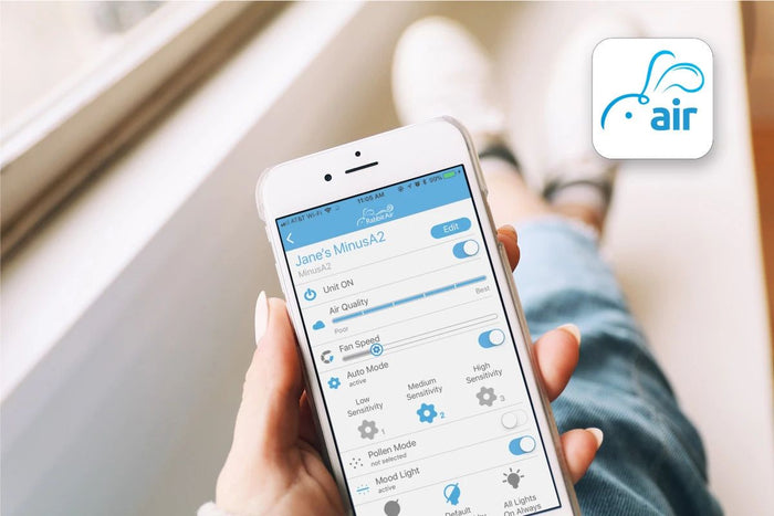 Rabbit Air moble app screen showing unit power status, air quality, fan speed, auto mode, pollen mode, mood light and light setting. 