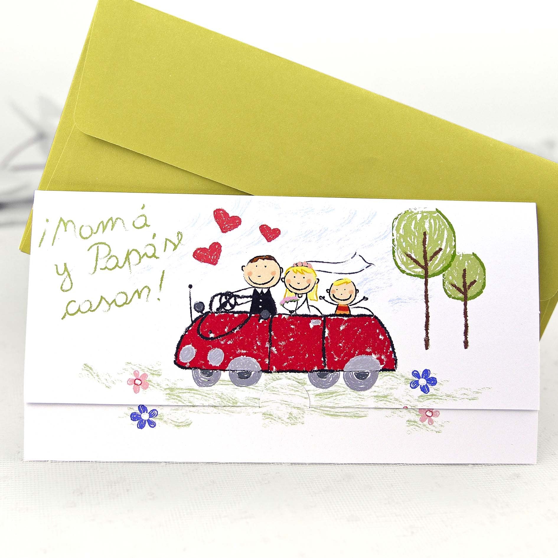 agradable tomar cuerda Invitación de boda parejas en coche con hijos – Paper Groc