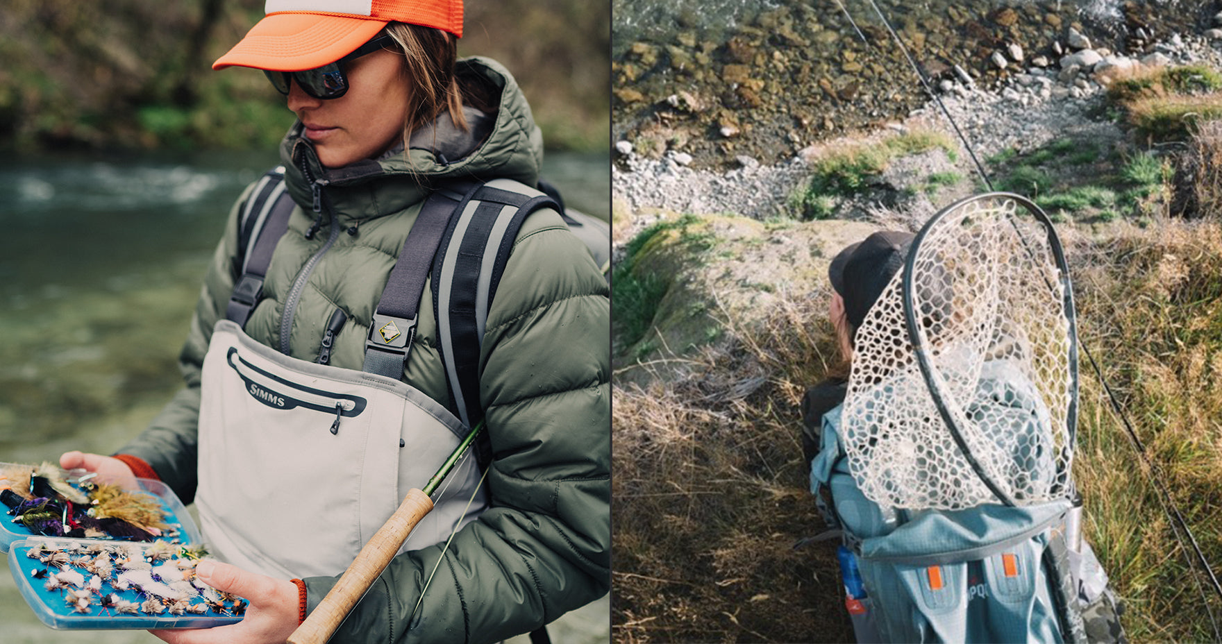 Two images of Maddie Brenneman looking at hooks, and heading out to fish.