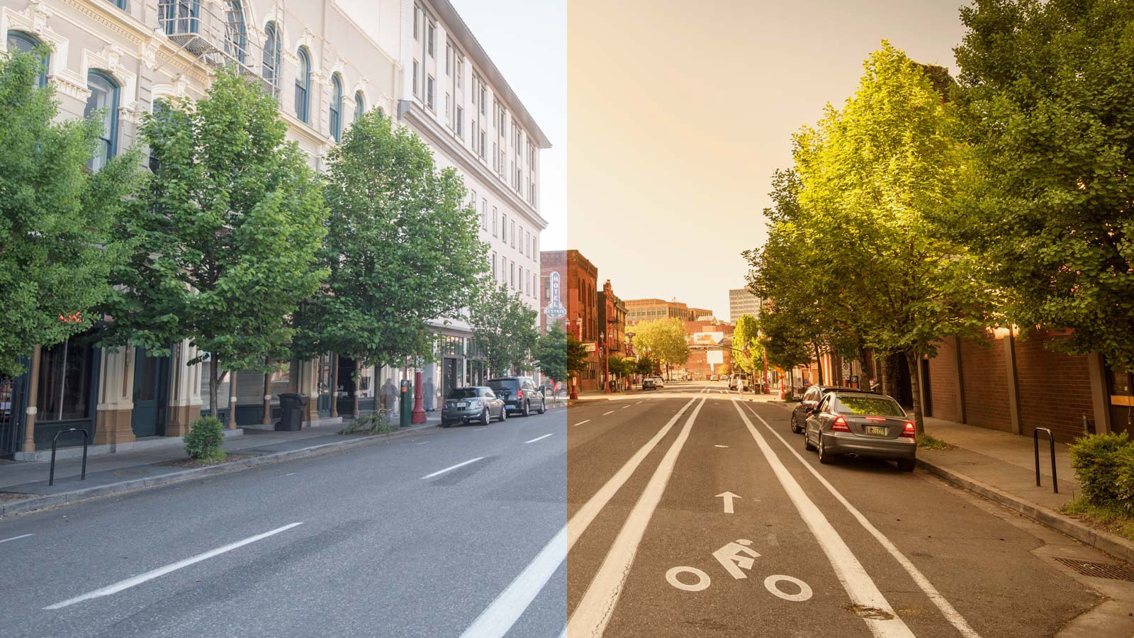 View of the road seen with and without the Flash Bronze lens