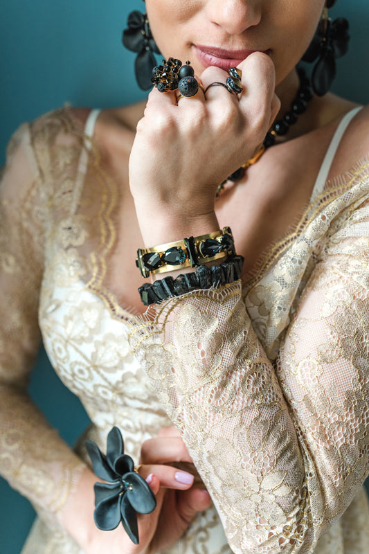 Black Swarovski crystal gold tone big statement fashion art luxury bracelet bracelet
