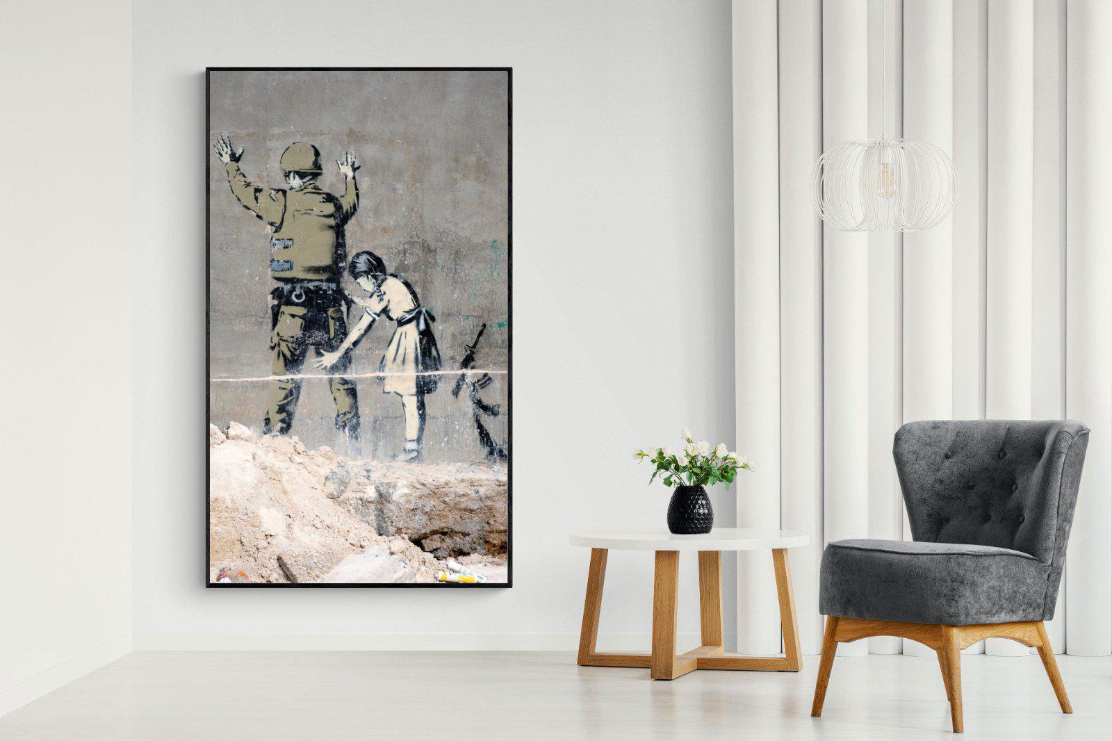 Girl Frisking Soldier-Wall_Art-130 x 220cm-Mounted Canvas-Black-Pixalot