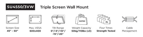 Supporto Triplo Monitor da Parete Ultra Slim 45 - 50 Pollici Portata 150kg Vesa 600x400