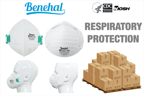 Four Benehal N95 Masks With Boxes and in bold letters in gray Respiratory Protection