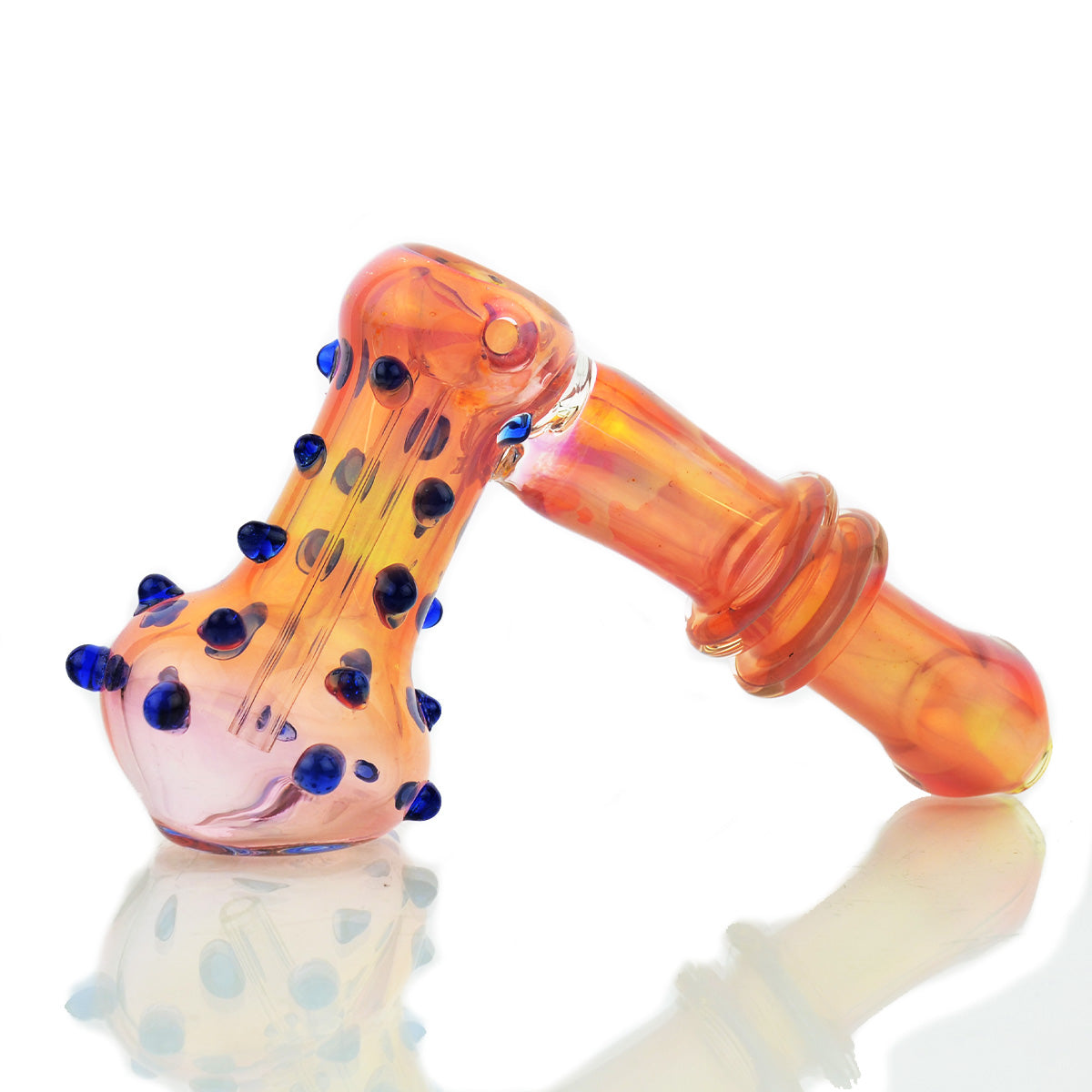 6.5'' Hammer Bubbler Rose GOLD Fume Glass with Blue Dots Art