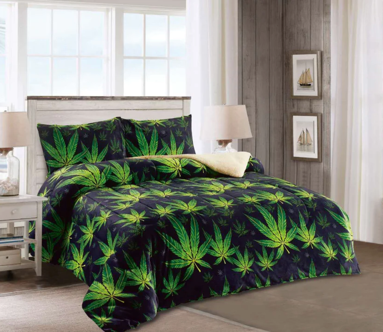 CALI-King Supper Soft 3 pcs Printing Borrego Blanket Cannabis Print - Blanket with 2 PILLOW Covers