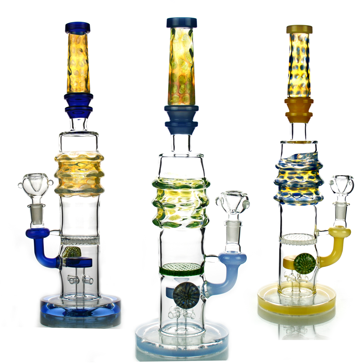 14'' Fancy Color Art Bong, Honeycomb, Locket M9 Tube Perc with 14mm Male Bowl