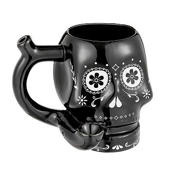 4'' Ceramic SKULL Mug Black with White Trim Design Hand Pipe