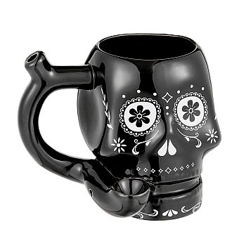 4'' Ceramic Skull Mug Black with White Trim Design Hand Pipe