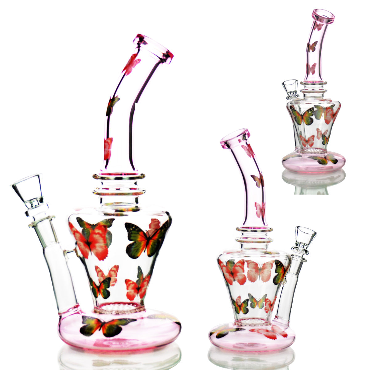 10'' Butterfly Girly Water PIPE Rig Hollow Base with Honeycomb and 14mm Male Bowl