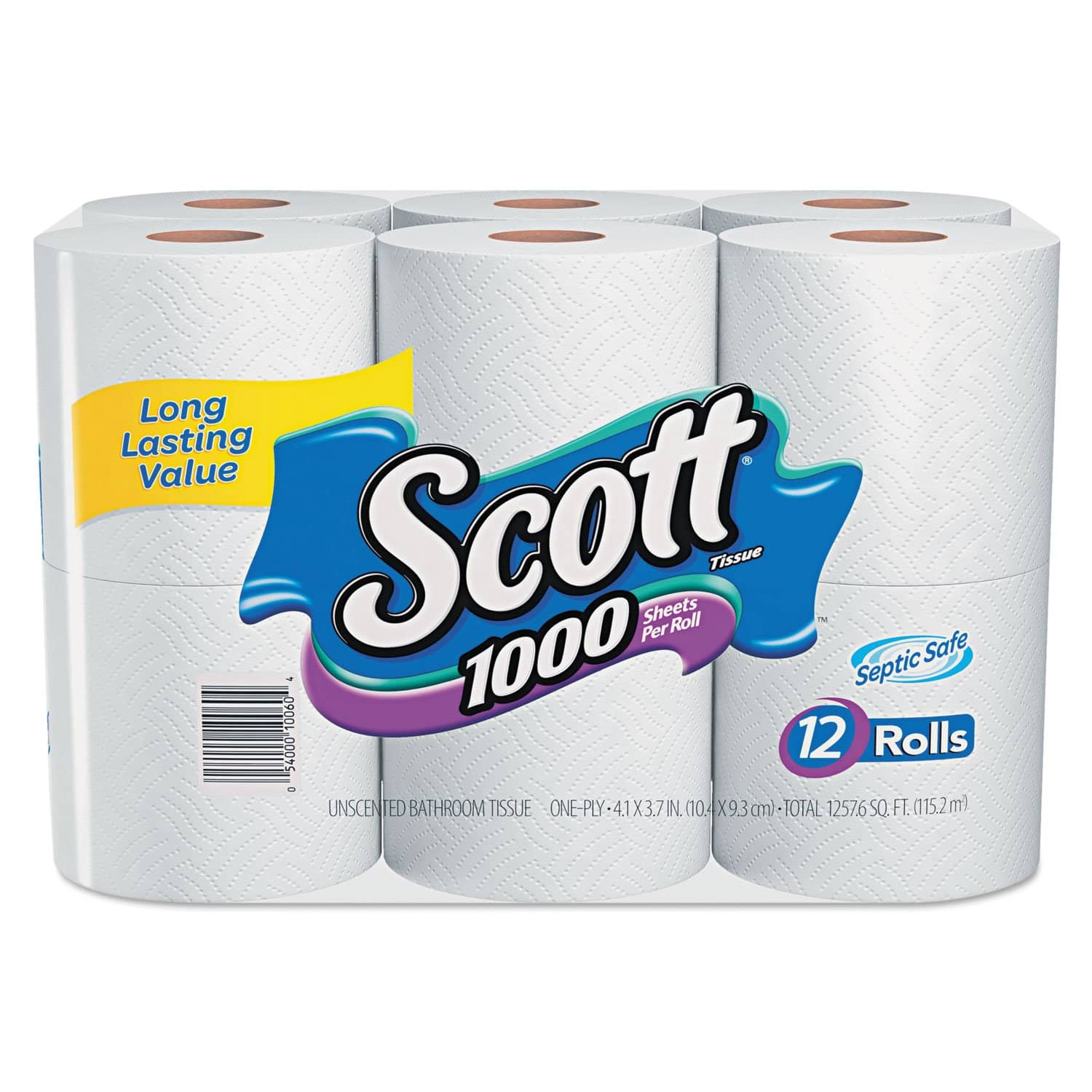 Scott Toilet Paper, Septic Safe, 1-Ply, White, 1000 Sheets/Roll, 12