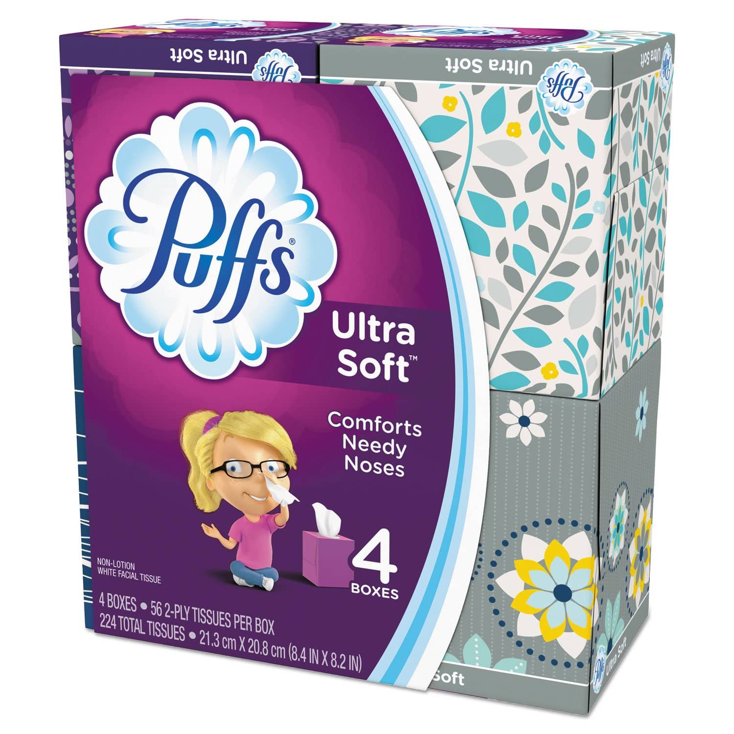 Puffs Ultra Soft Facial Tissue, 2-Ply, White, 56 Sheets/Box, 4 Boxes ...
