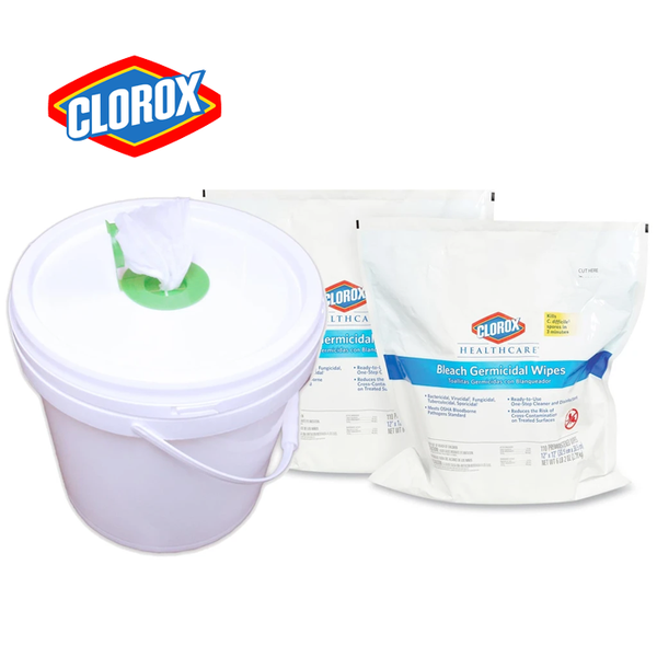 Clorox Healthcare Bleach Germicidal Wipes, w/ Heavy Duty Dispenser Bucket